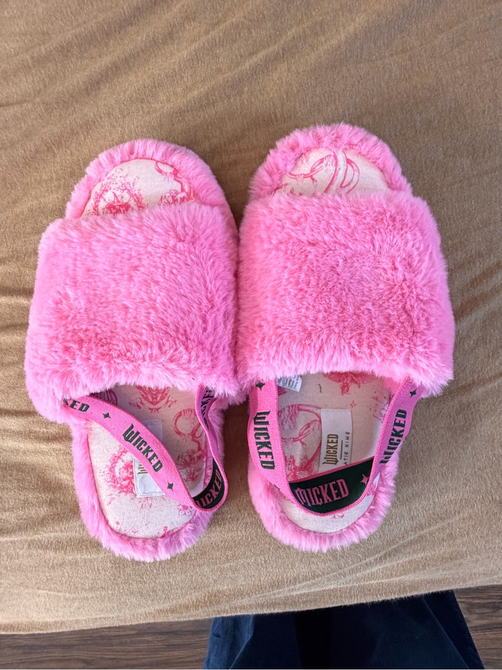 Pink Fuzzy Slide Slippers with Branded 'Wicked' Straps